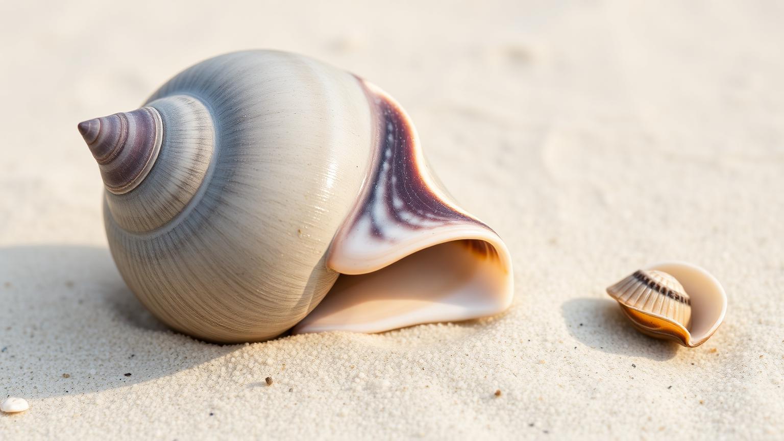 A moon snail shell — almost spherical with a low spire — beside a small drilled clam on pale sand.