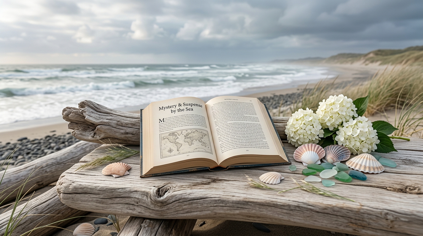 A single hardcover novel resting on weathered driftwood near a stormy shoreline