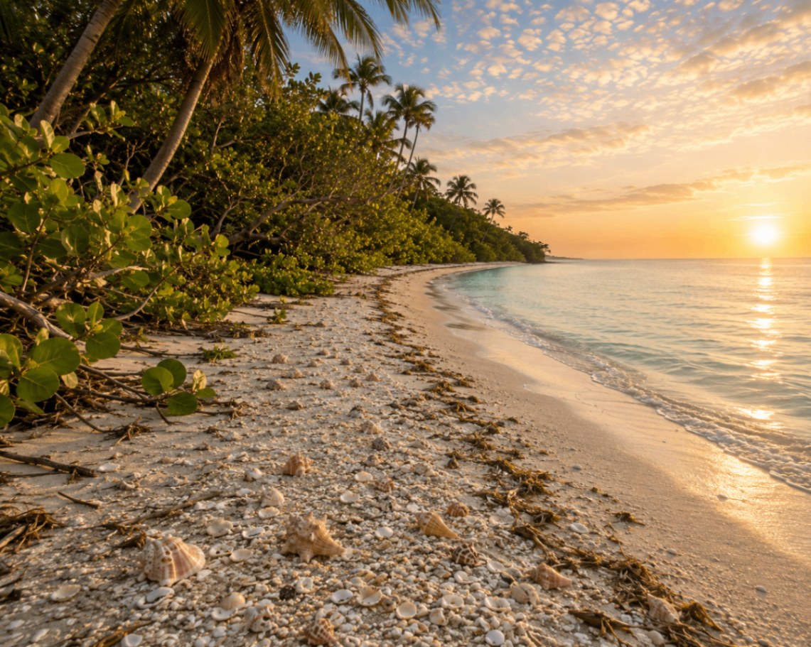 North Captiva Island's remote shoreline glowing at sunset — driftwood, whelks, and colourful shells piled along the wrack line.