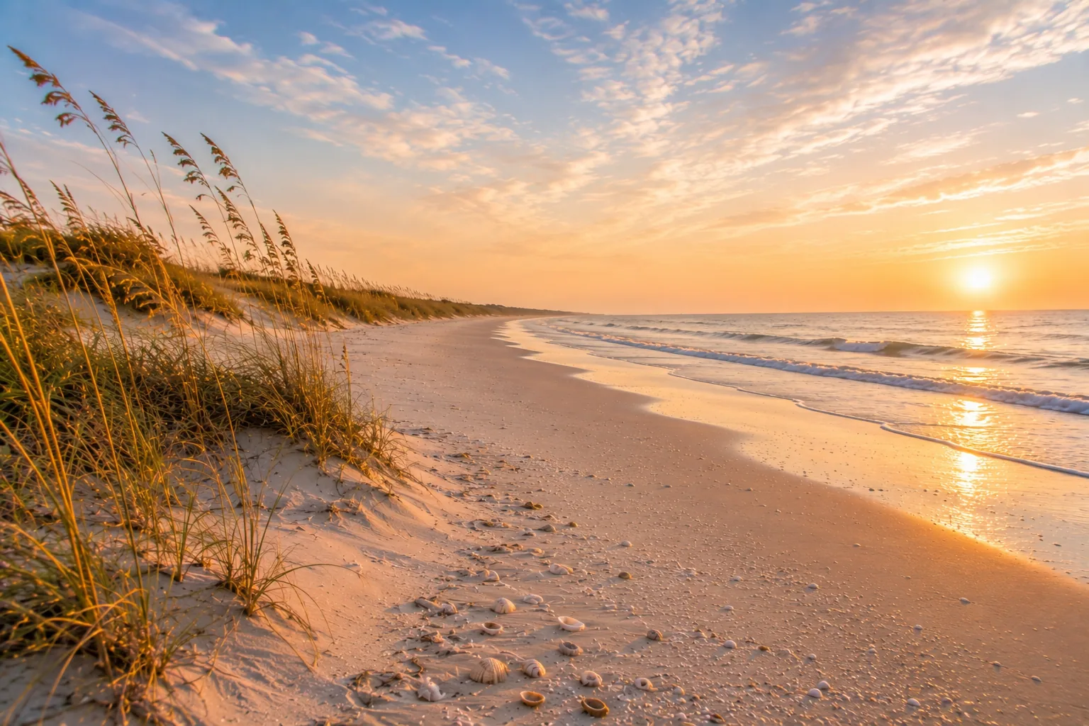 Ocracoke Island's remote Outer Banks Atlantic beach with wide empty sand, low dunes, and a scatter of whelks along the wrack line.