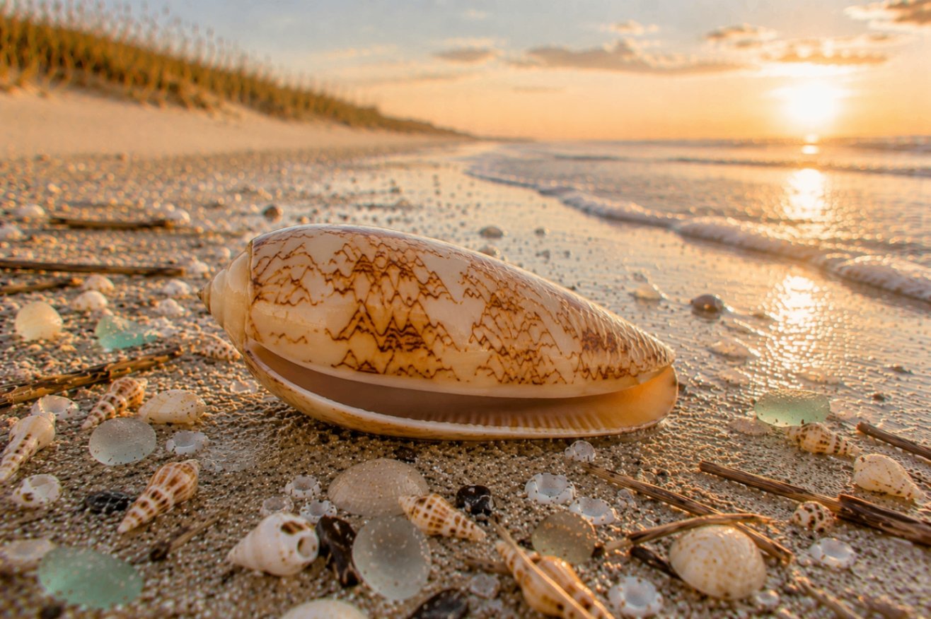 A polished olive shell with elegant brown zigzag markings on cream lying on damp sand at sunset with a shimmering tide line beyond.