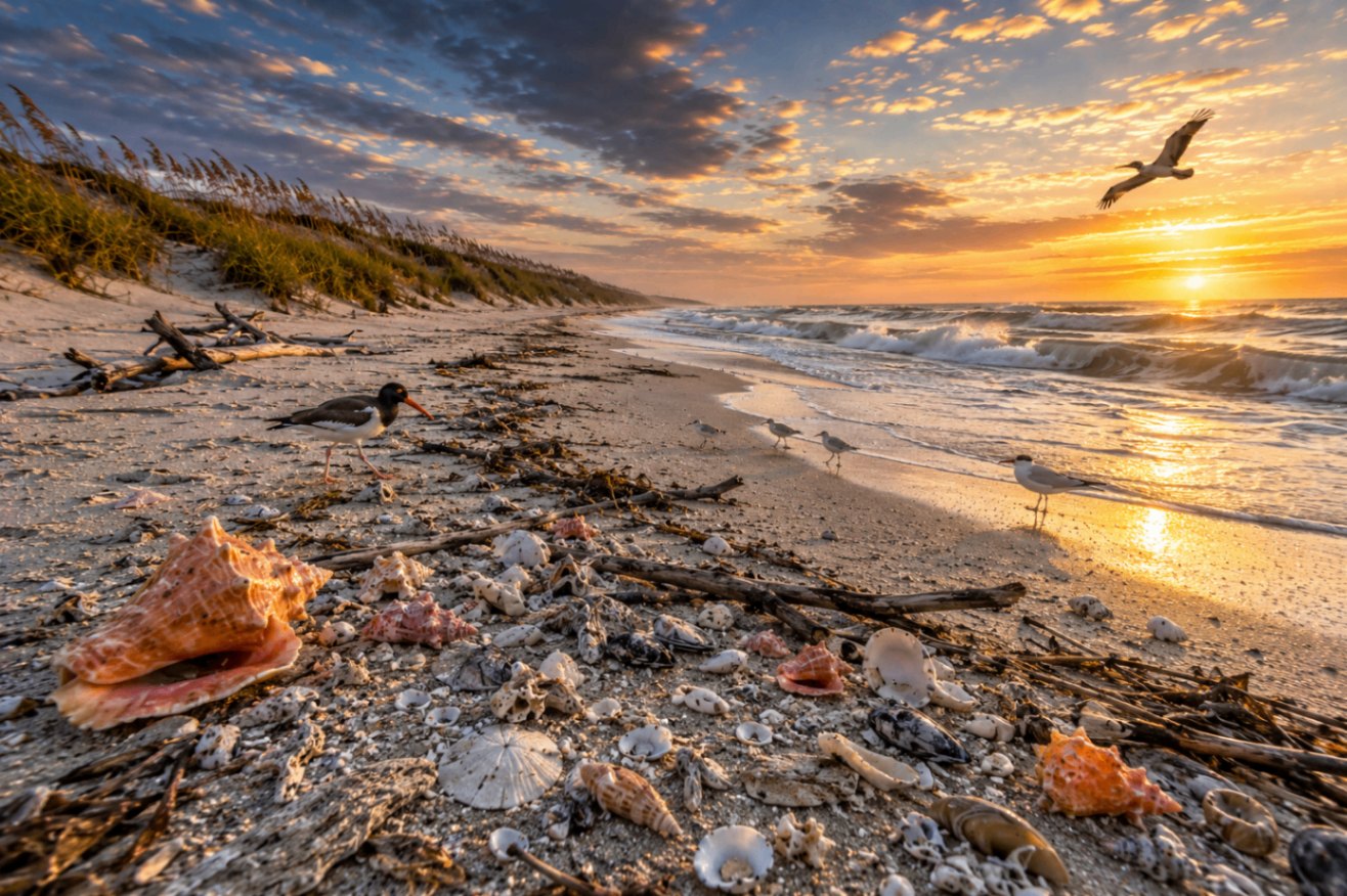 A quiet stretch of the North Carolina Outer Banks — tall dune grass, wide sand, and a scatter of whelks along the wrack line.