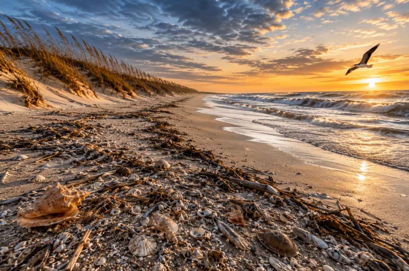 North Carolina Outer Banks at sunset — a wide wrack line of conchs, scallops, and a horseshoe crab across the sand with sea-oat dunes and a soaring gull.