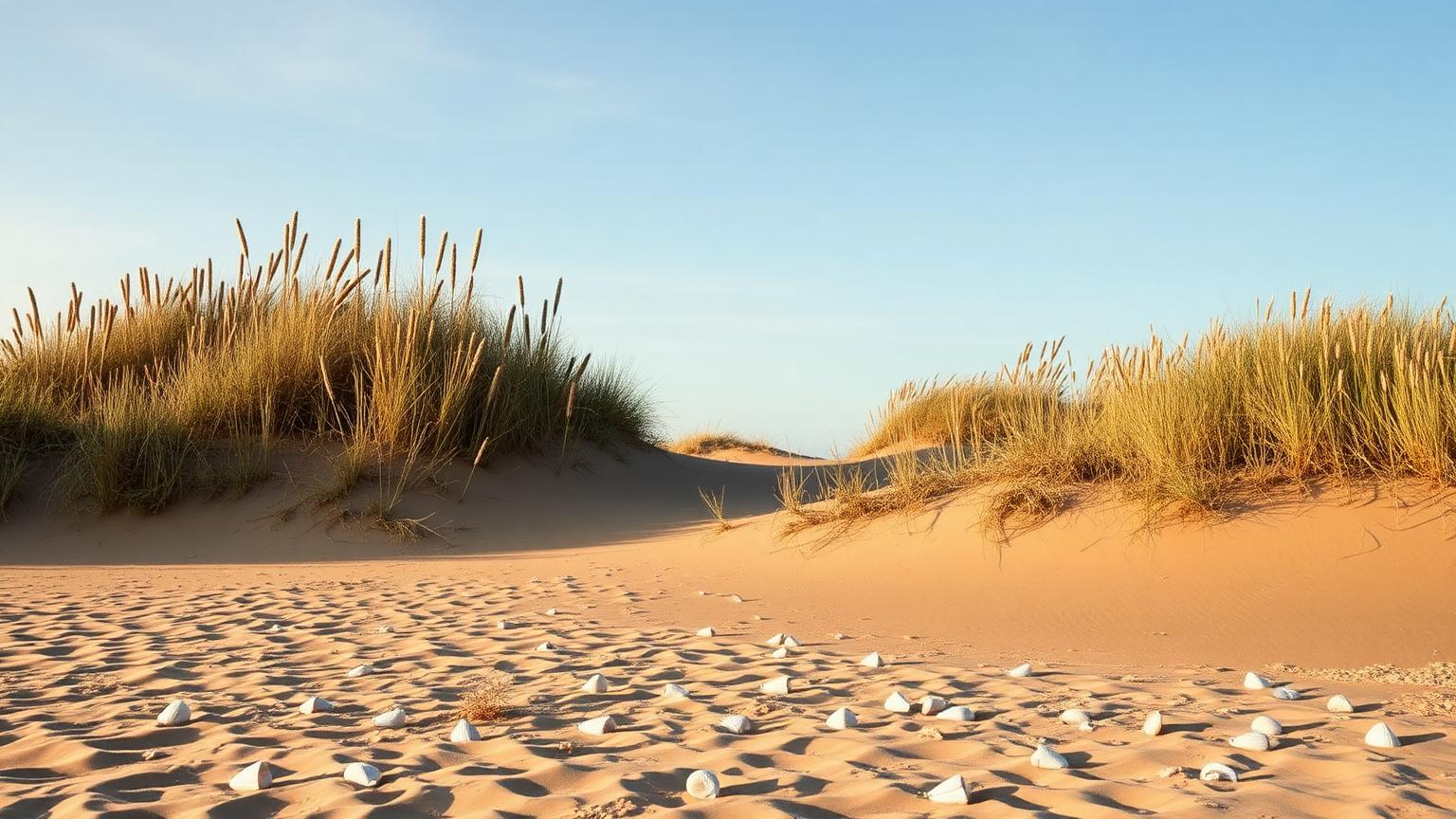 A quiet stretch of the North Carolina Outer Banks — tall dune grass, wide sand, and a scatter of whelks along the wrack line.