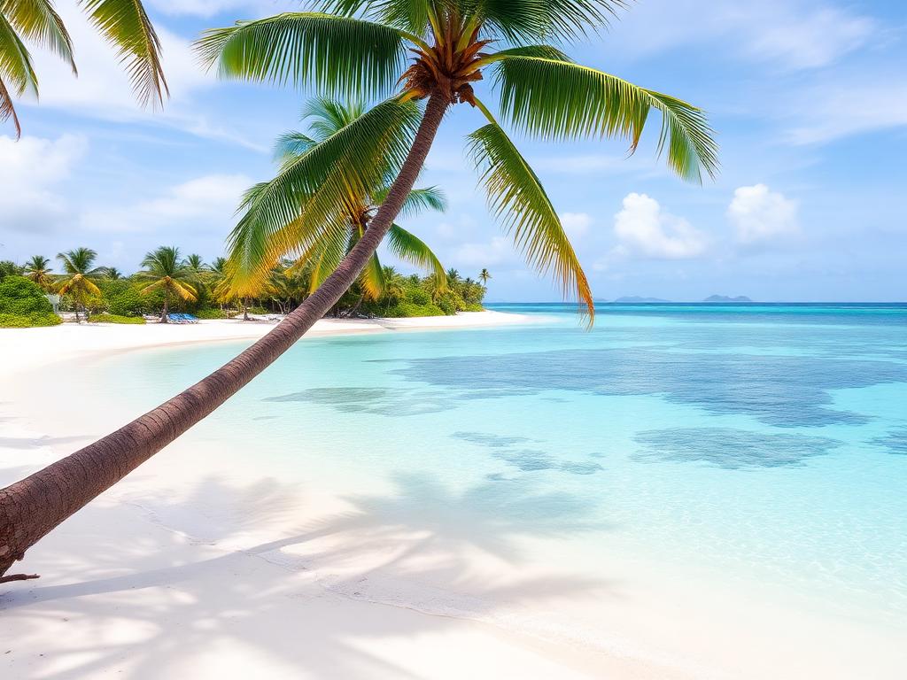 A palm-lined tropical Pacific island beach with a calm turquoise lagoon and coral reef