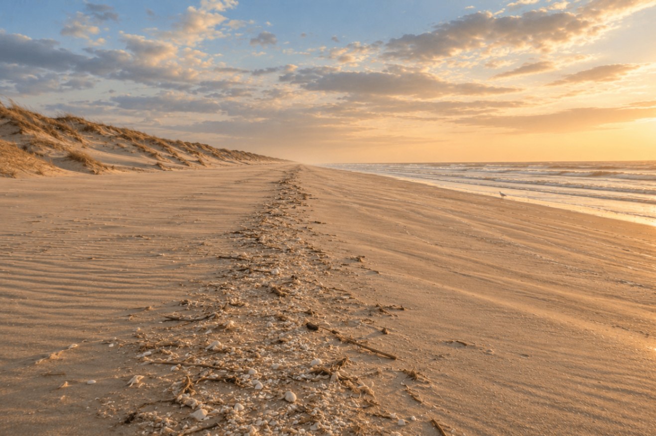 Padre Island National Seashore at sunset — a shorebird and tern beside a long ribbon of shells and driftwood along a wild Gulf-of-Mexico coast.