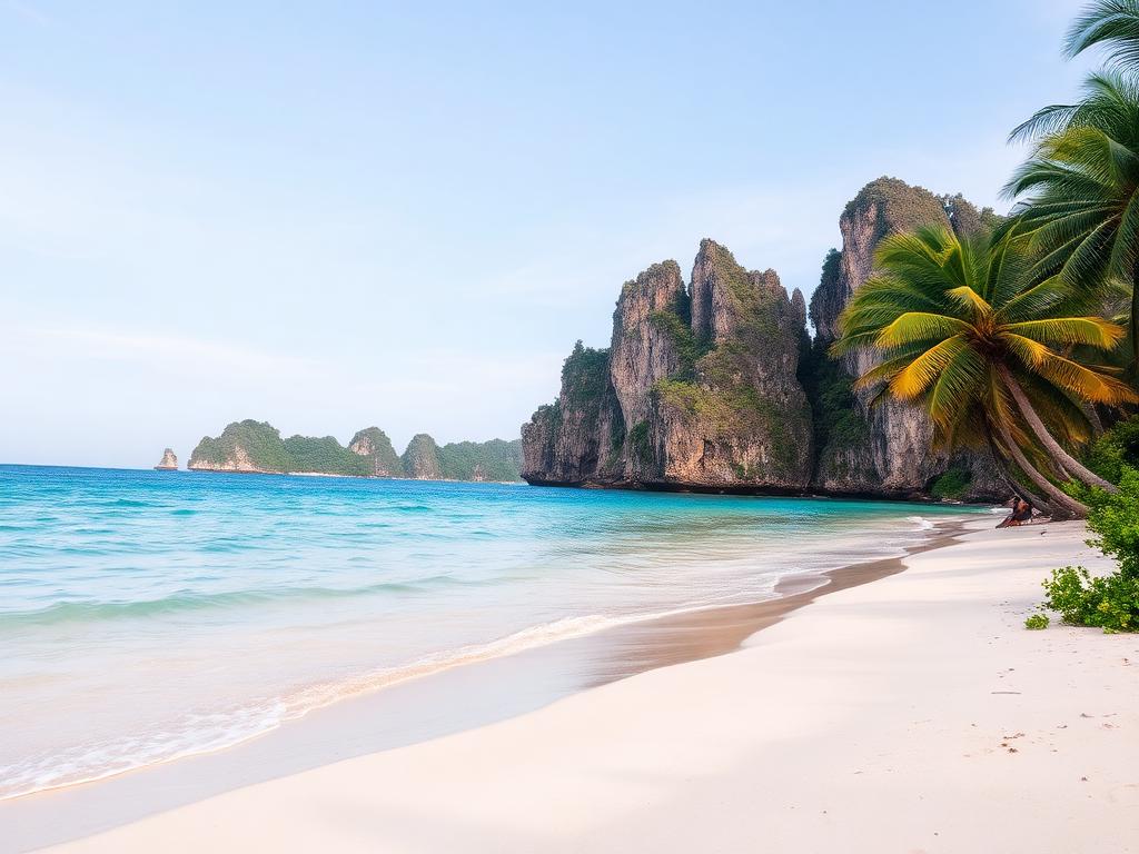 A tropical Philippine island beach with fine coral sand, turquoise water, and limestone formations
