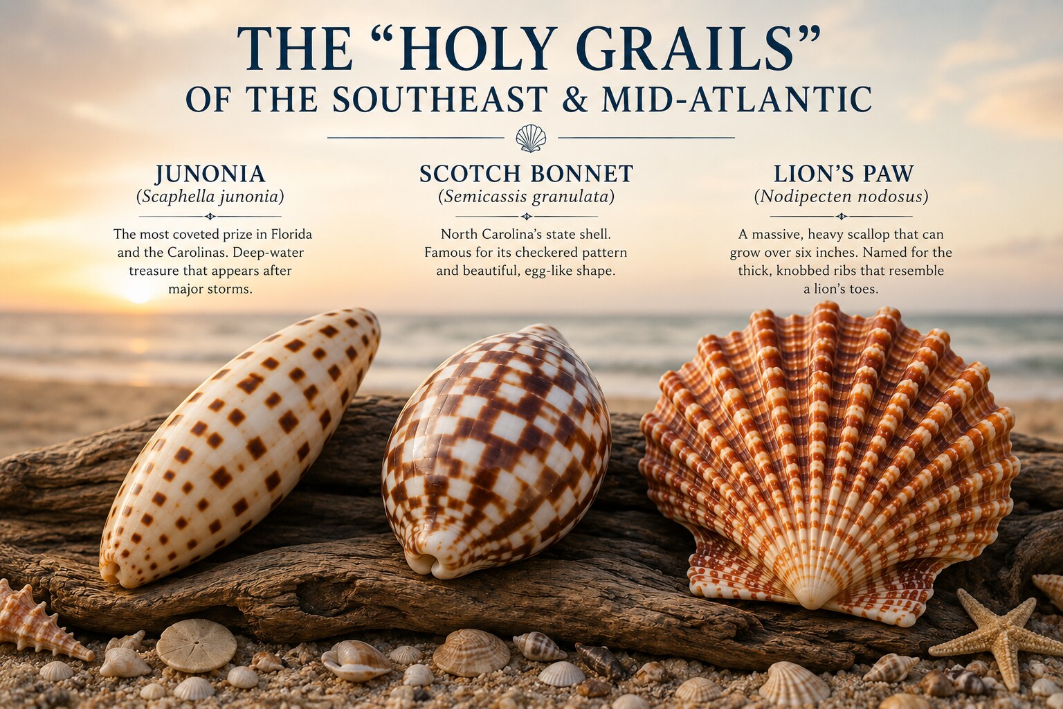 Three prized rare shells — Junonia, Scotch Bonnet, and Lion's Paw — displayed on driftwood at a beach at sunset