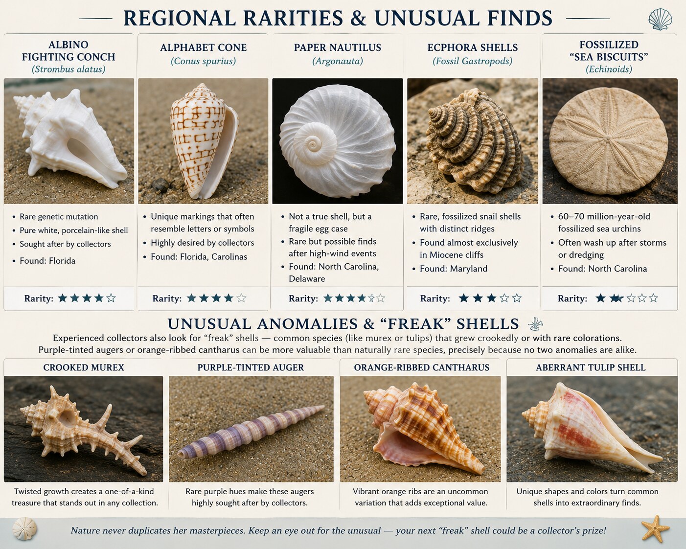 Illustrated chart of regional rarities — albino fighting conch, alphabet cone, paper nautilus, ecphora shells, and fossilized sea biscuits — with rarity ratings
