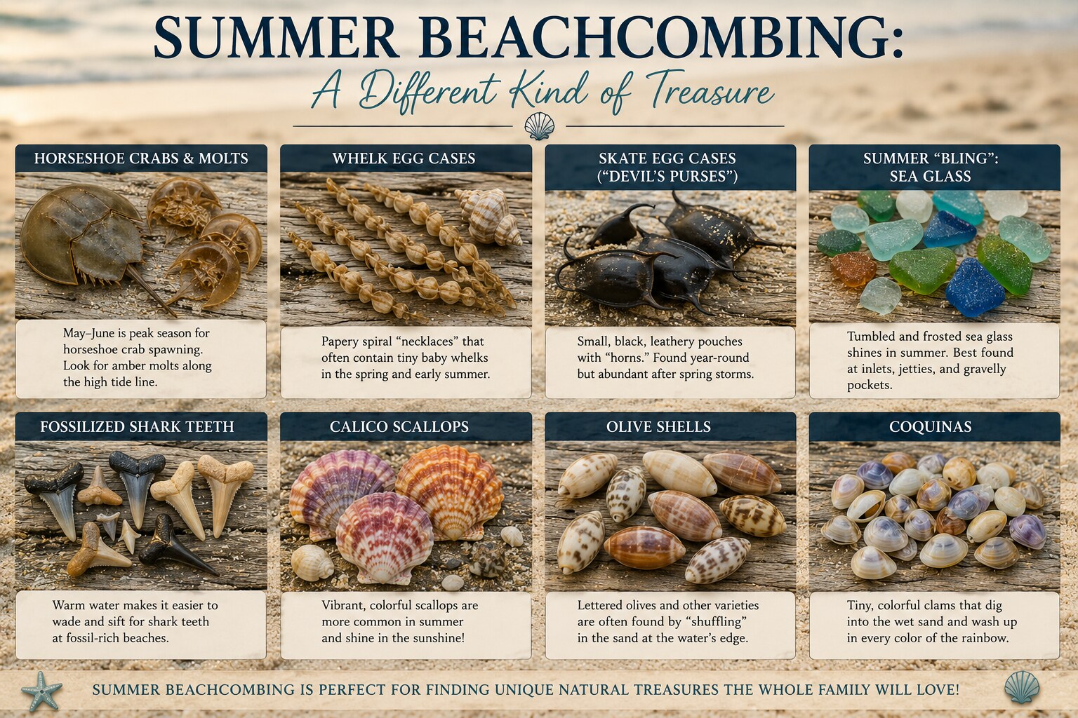 Chart of summer beach treasures — horseshoe crab molts, whelk and skate egg cases, sea glass, fossilized shark teeth, calico scallops, olive shells, and coquinas