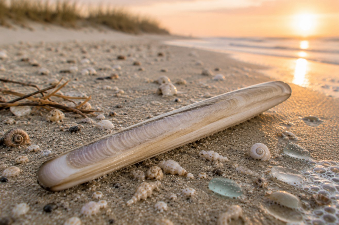 An Atlantic razor clam shell — long, narrow, and glossy with a soft olive-brown periostracum on a neutral background.