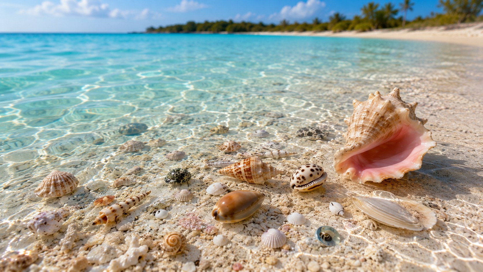 Clear turquoise water and pale sand along a calm tropical shoreline near Rose Island, Bahamas