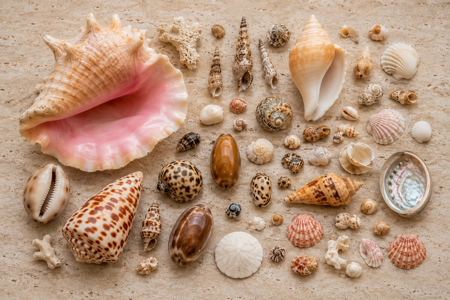 Museum-style flat lay of tropical shells including queen conch, milk conch, cowrie, cone, olive, nerite, cerith, and tellin