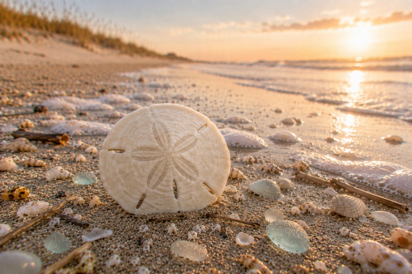 A bleached white sand dollar with its five-petal radial pattern on pale sand.