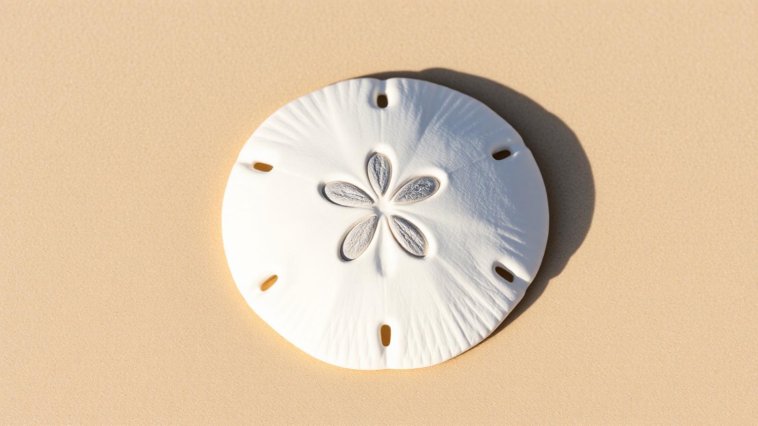 A bleached white sand dollar with its five-petal radial pattern on pale sand.