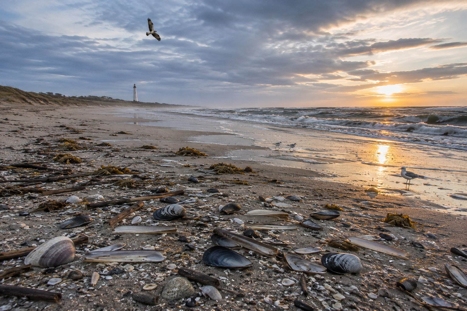 Sandy Hook, New Jersey at sunset — Cape May lighthouse in the distance with mussels, clams, and jingle shells scattered along the wrack line beneath a soaring osprey.