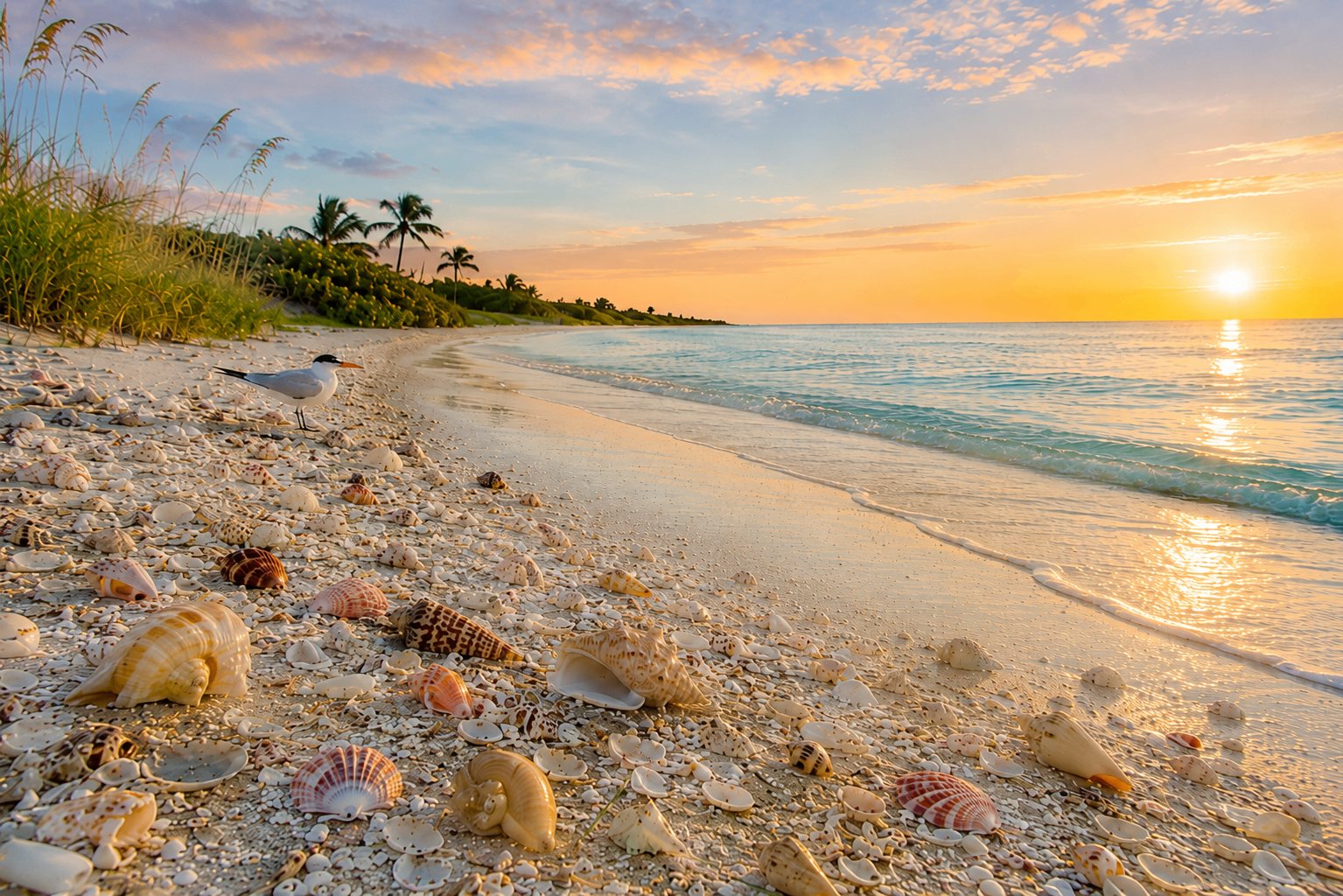 Sanibel Island at sunrise — a royal tern beside a wide wrack line of tulip, cockle, and scallop shells with palms along the dune.