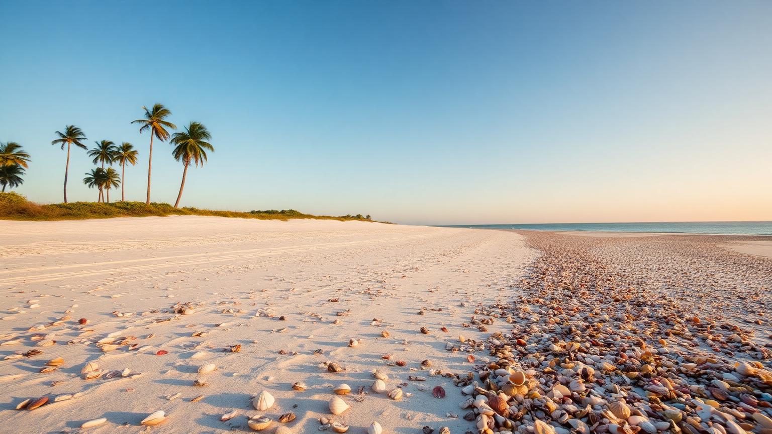 Sanibel Island's shell-strewn Gulf shore at first light — palms in the distance, a wide wrack line of colourful shells.