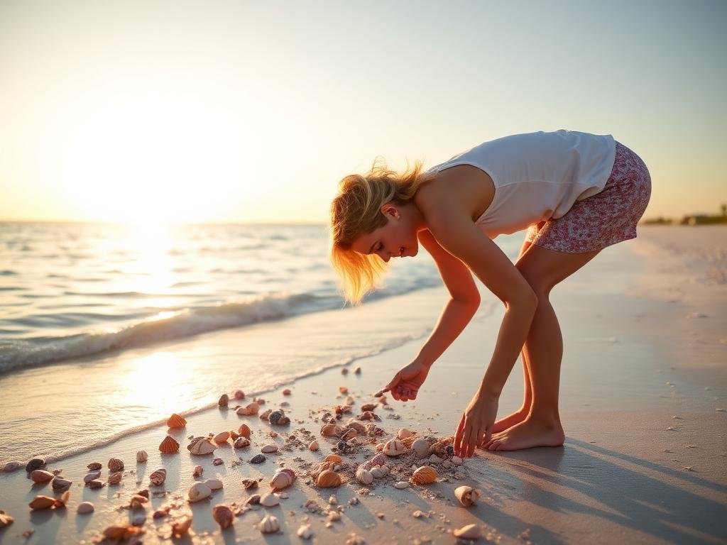 A collector performing the Sanibel Stoop, bending to pick up seashells at the water's edge at sunrise