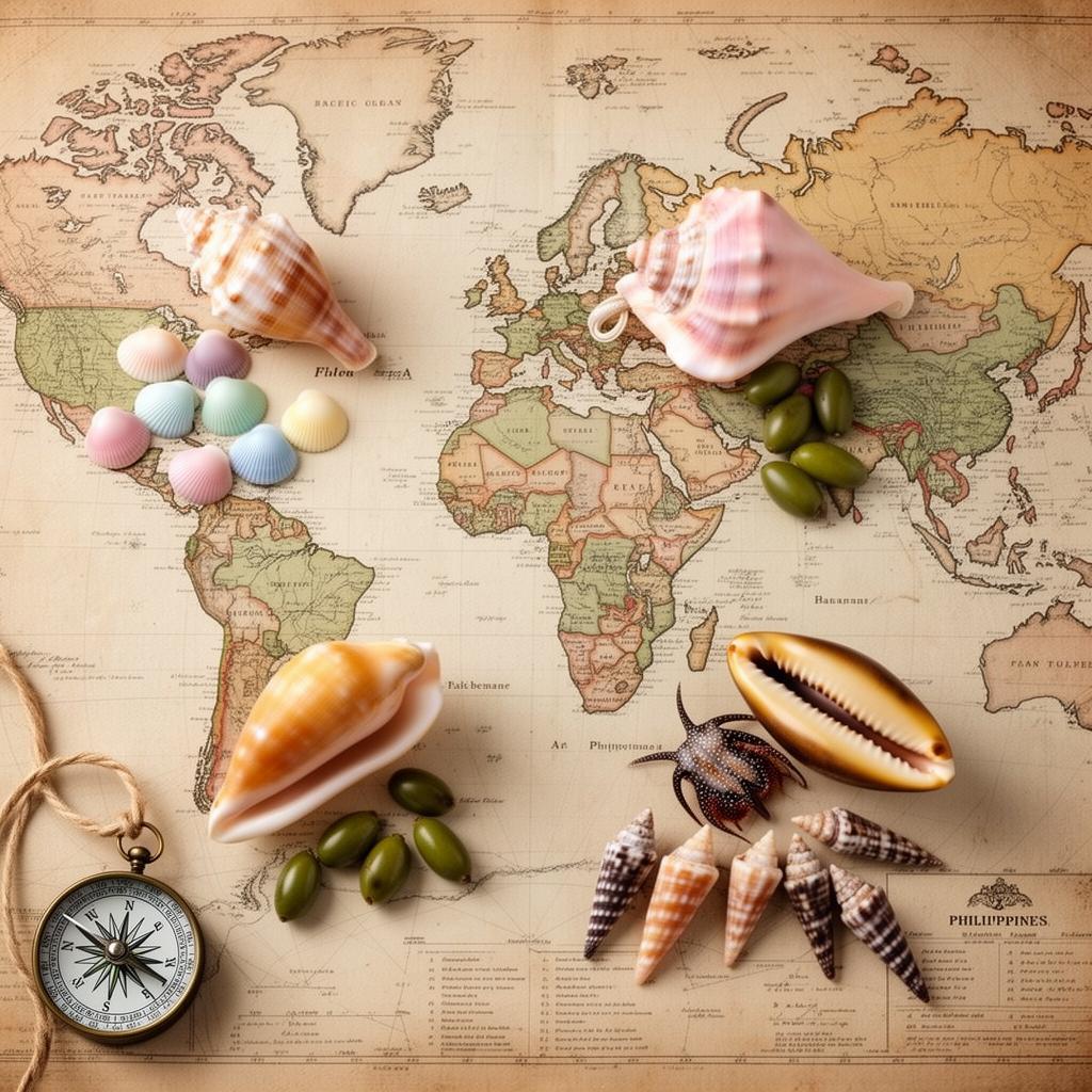 A travel collage of seashells from Sanibel, the Bahamas, the Caribbean, Mexico, the Pacific, Australia, and the Philippines arranged on a vintage map