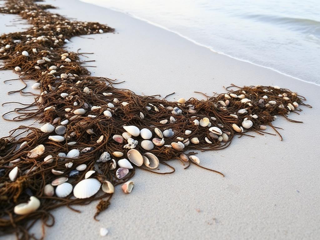 A natural wrack line of seaweed and shells deposited in a curving band along a Gulf coast beach