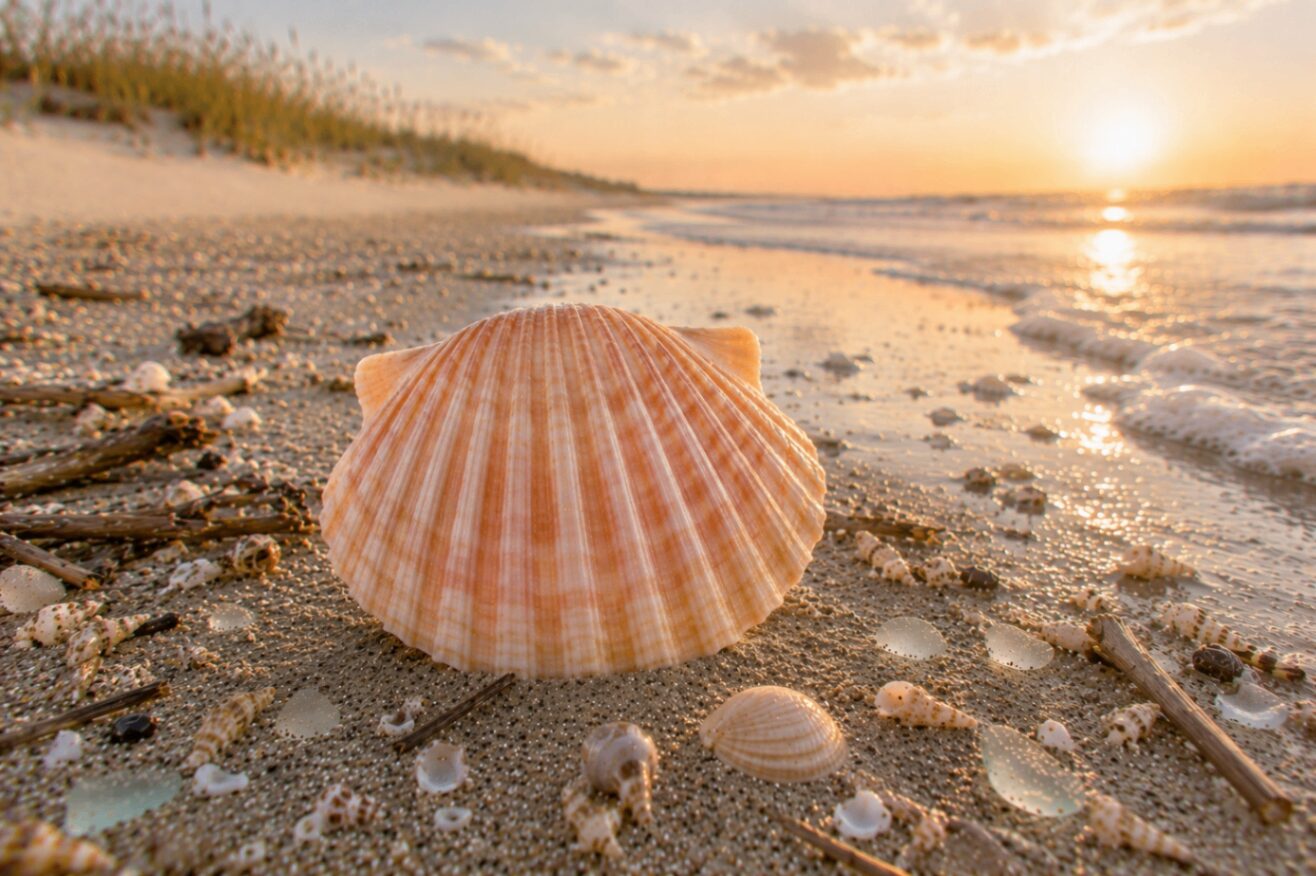 A scallop shell — ribbed fan of soft coral and cream — resting on wet sand at sunset with a shimmering tide line beyond.