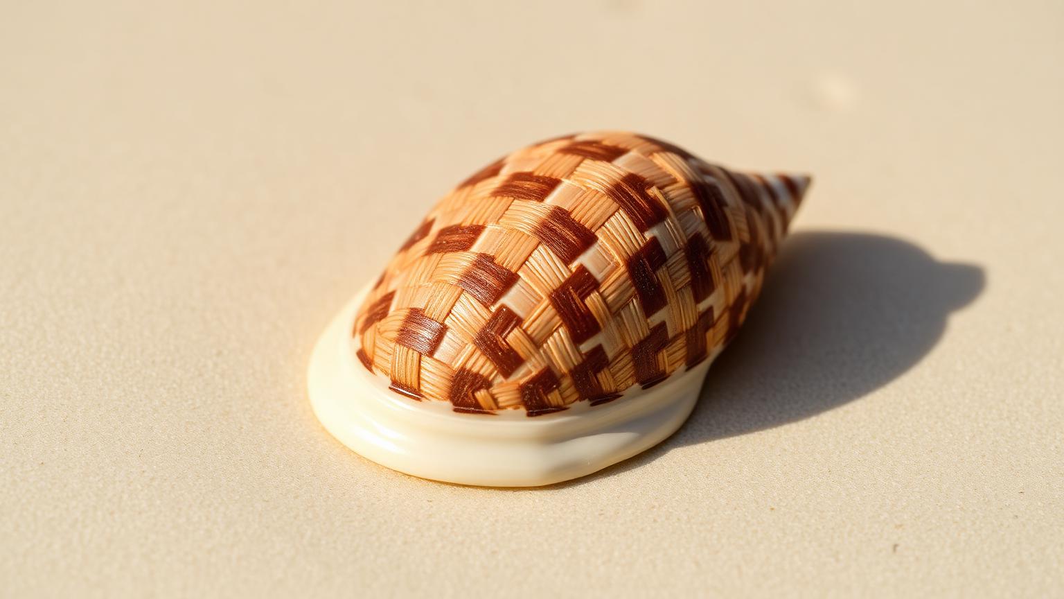 A Scotch bonnet shell showing its distinctive woven basket-check pattern of cream and brown squares.