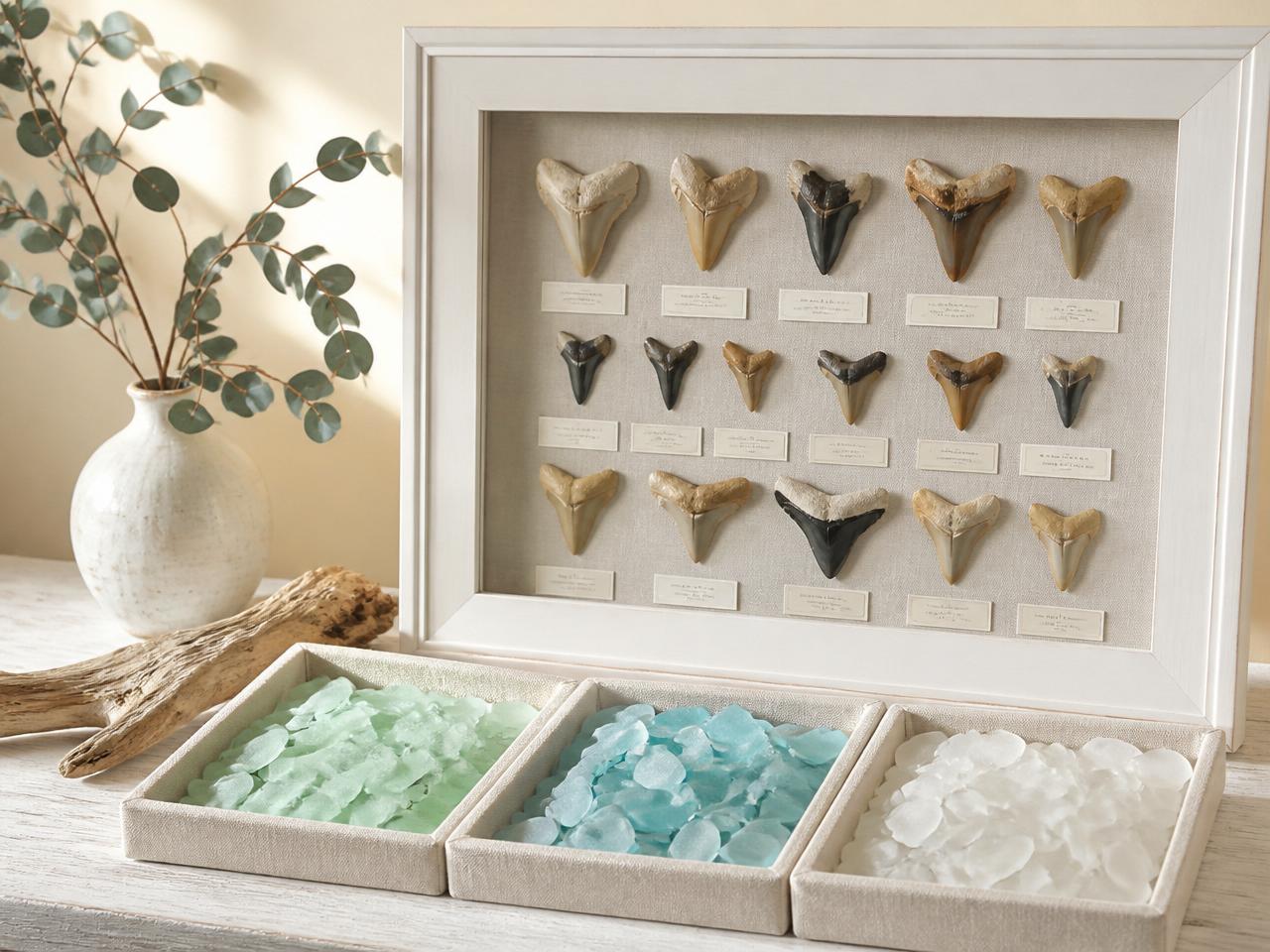 Sorted sea glass by color in linen trays beside a handcrafted shark tooth display in a white shadow box on a whitewashed table
