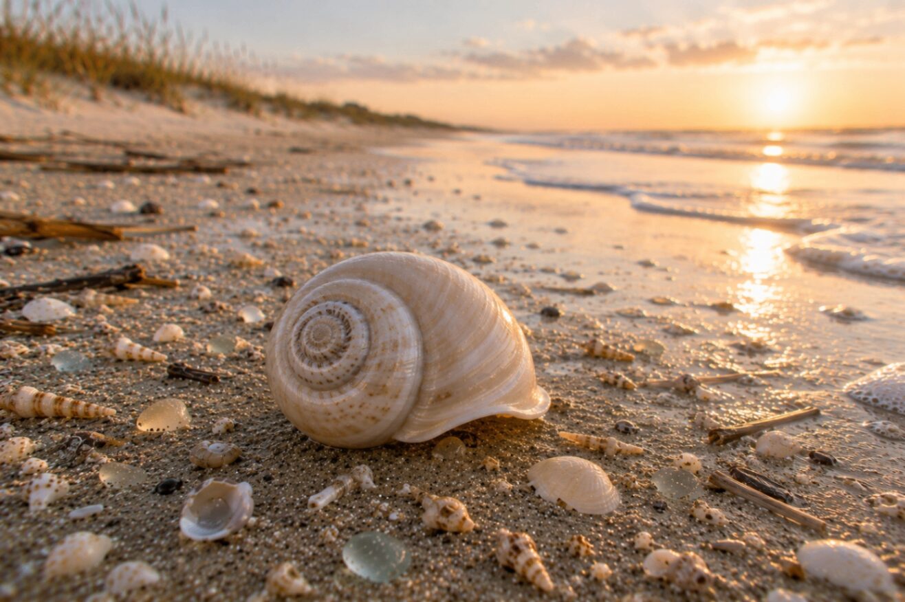 A shark eye moon snail shell — perfectly whorled dome in cream and pale tan — on a wrack line at sunset with tiny shells and sea glass around it.