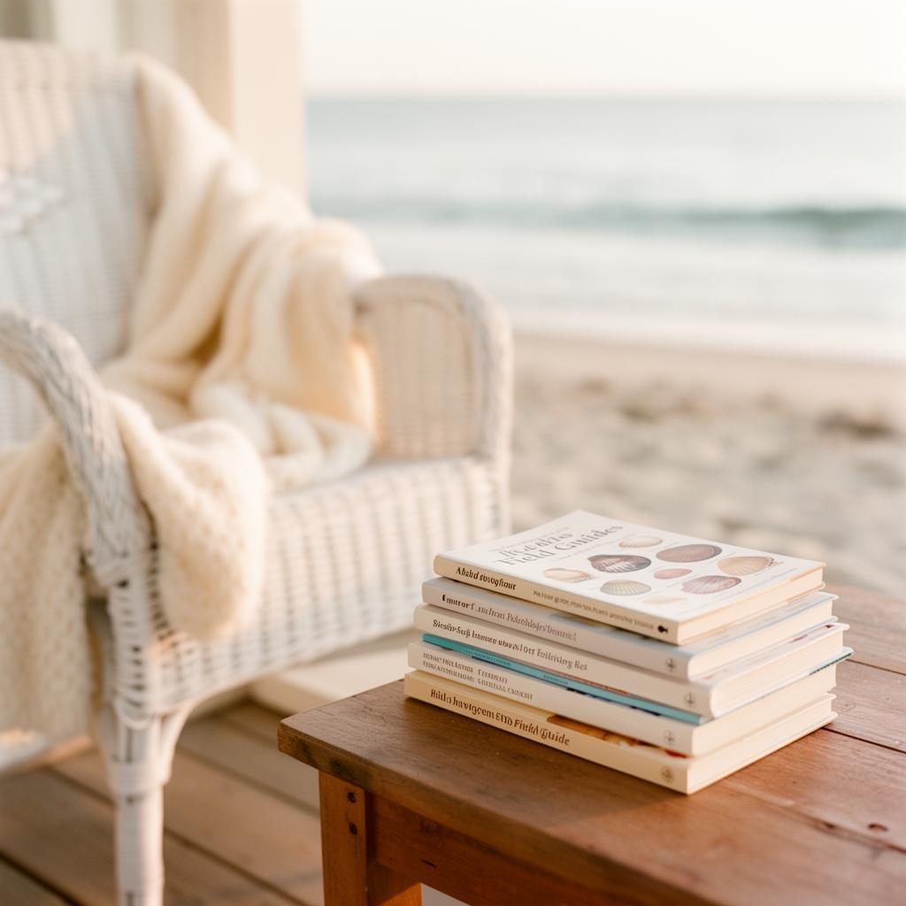 Stack of nature field guide books beside seashells by a window