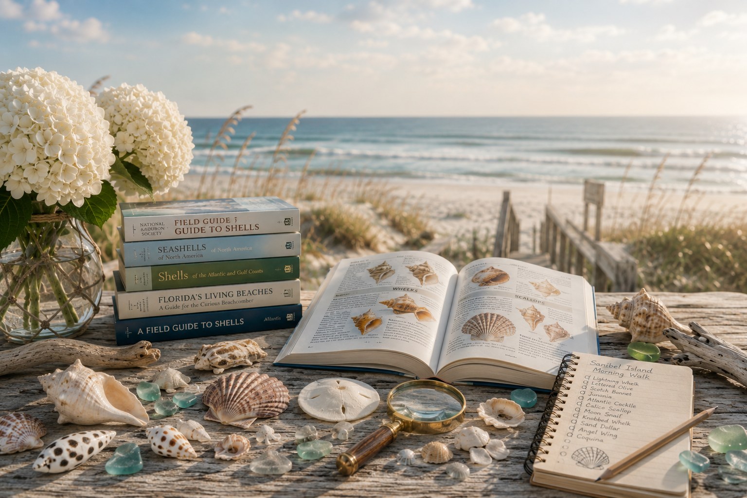 Flat lay of a seashell field guide, assorted shells, a notebook, and a brass magnifying glass on linen