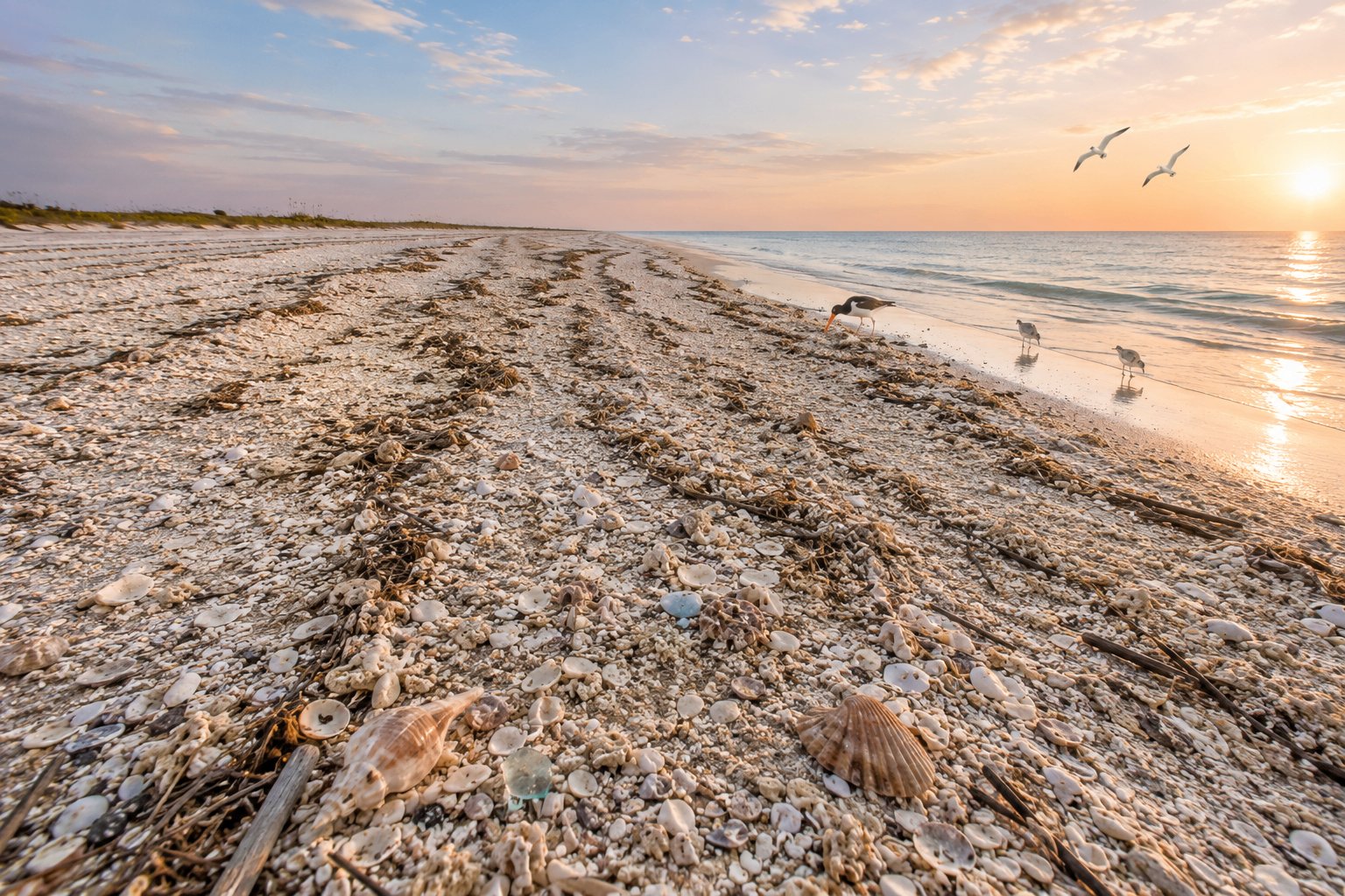 Shell Key Preserve at sunset — long parallel wrack lines heavy with coquina, scallops, and sea glass while oystercatchers and sandpipers work the pastel shoreline.