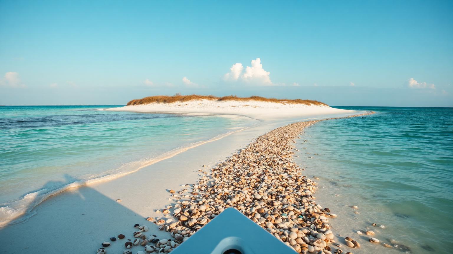 The turquoise water and untouched shell-piled shoreline of Shell Key Preserve, seen from the boat approach.