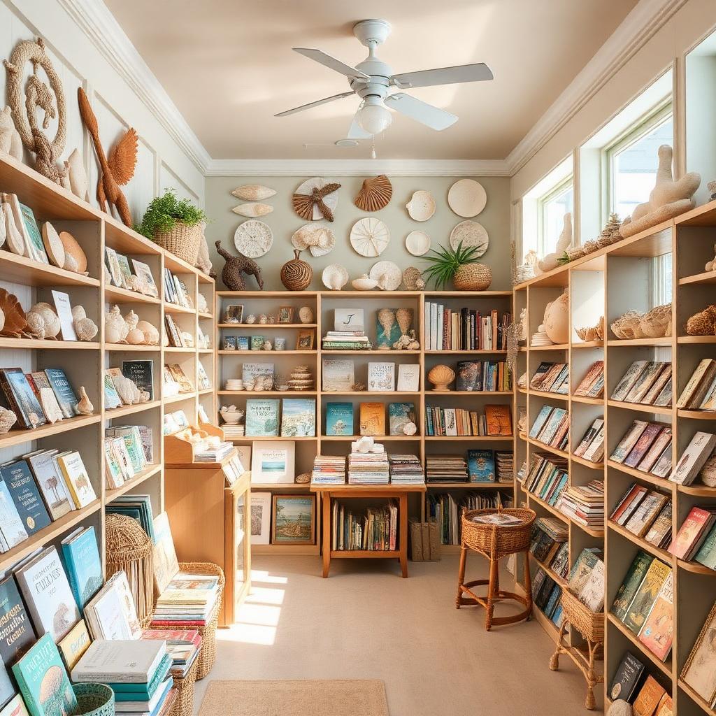 Airy Sanibel Island bookshop and shell museum gift shop with books and shells