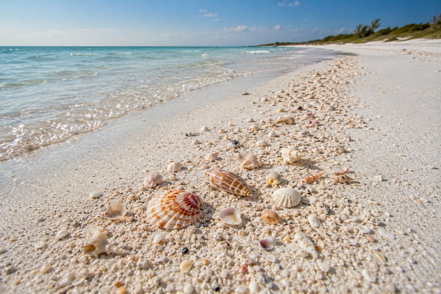 Quiet Florida Gulf shoreline at Siesta Key with white quartz sand and natural shell deposits along the tide line