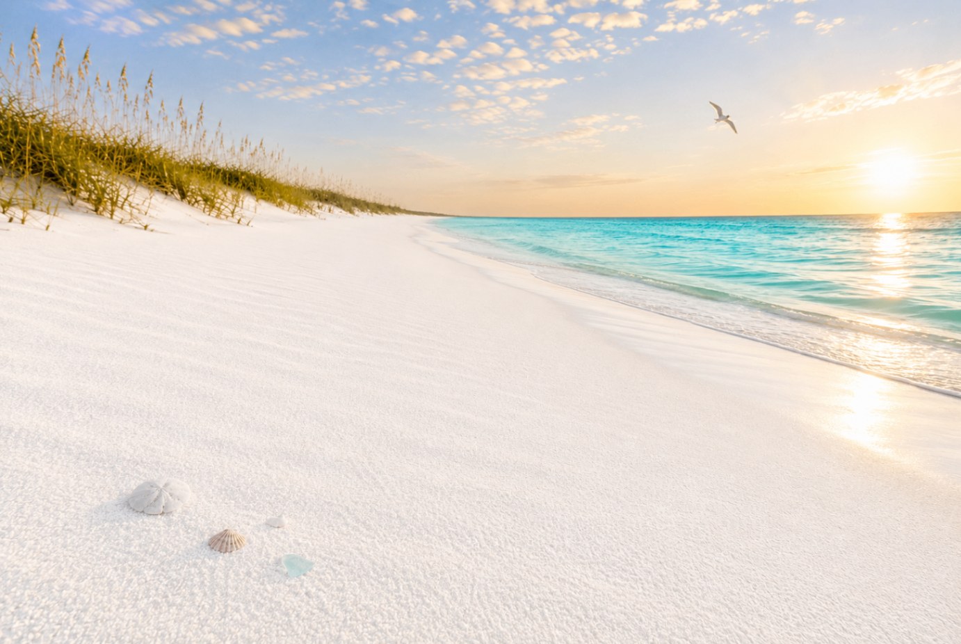Siesta Key at sunset — powder-white quartz sand and turquoise Gulf water with a sand dollar, scallop, and piece of sea glass in the foreground beneath sea-oat dunes.
