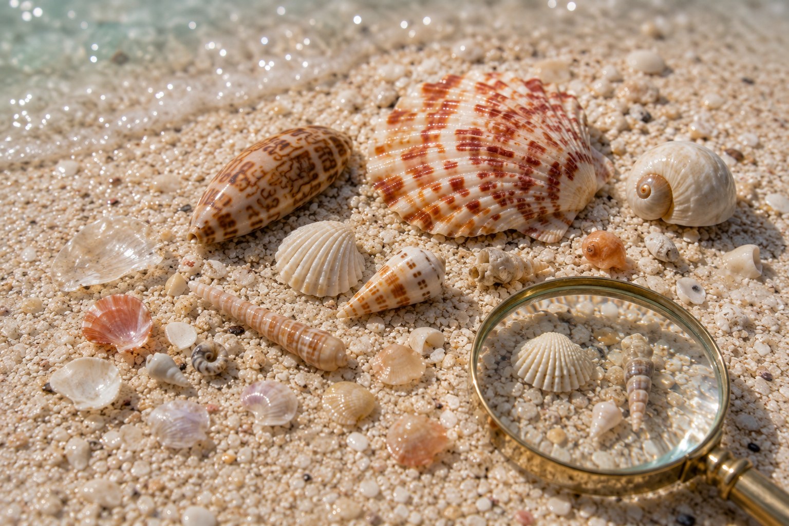 Museum-style flat lay of small Florida Gulf shells including lightning whelk, fighting conch, lettered olive, banded tulip, calico scallop, moon snail, kitten's paw, and auger