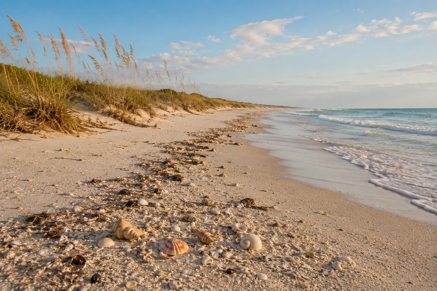 A long, quiet St. George Island shoreline with soft Gulf light, shell deposits, and an uncrowded tide line