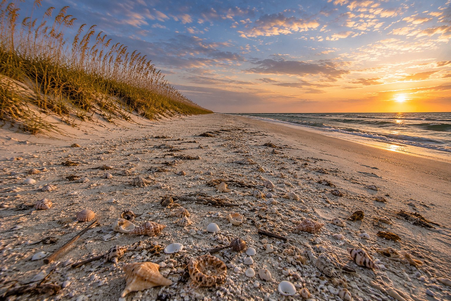 St. George Island at sunset — a golden ribbon of tulips, cockles, and moon snails leading toward the Gulf beneath sea-oat dunes and a painted sky.