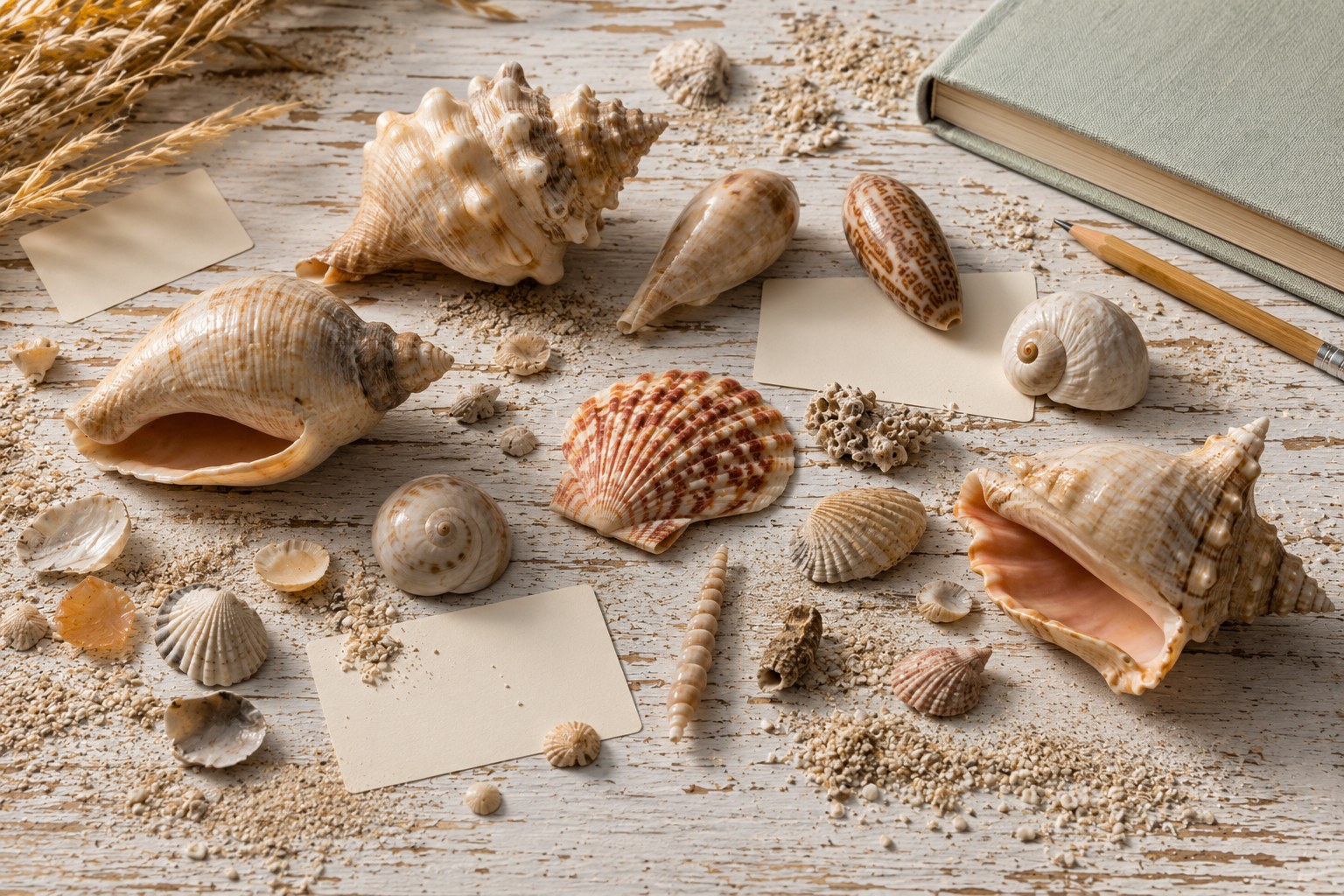 Museum-style flat lay of Gulf shells including lightning whelk, knobbed whelk, pear whelk, lettered olive, moon snail, calico scallop, fighting conch, and kitten's paw