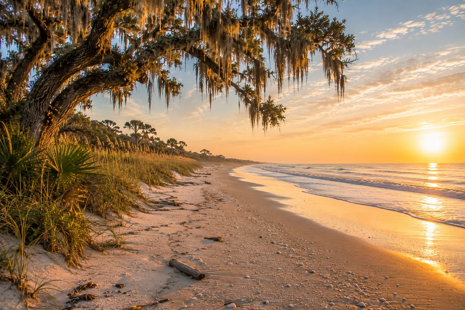 St. Simons Island's tidal Georgia shore at low water with driftwood and a scatter of shells across firm packed sand.