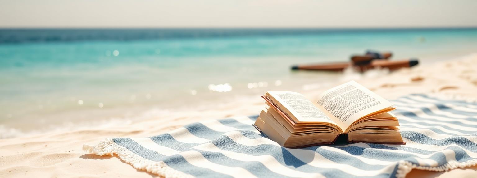 An open romance novel on a beach blanket with sun hat and sandals beside the shoreline