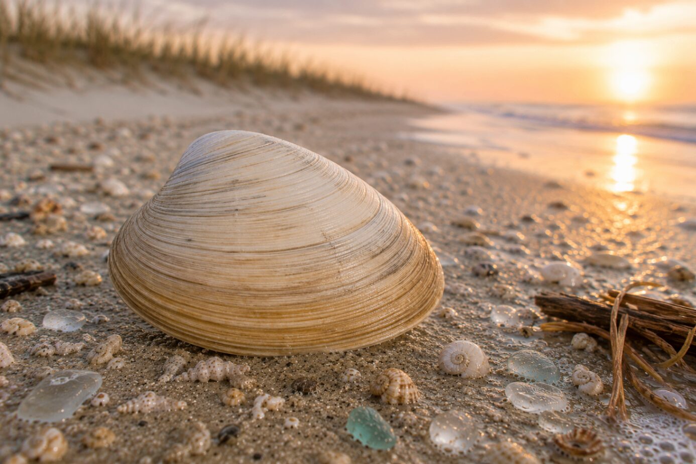 An Atlantic surf clam (Spisula solidissima) — a large, smooth, triangular pale-cream valve on a neutral background.