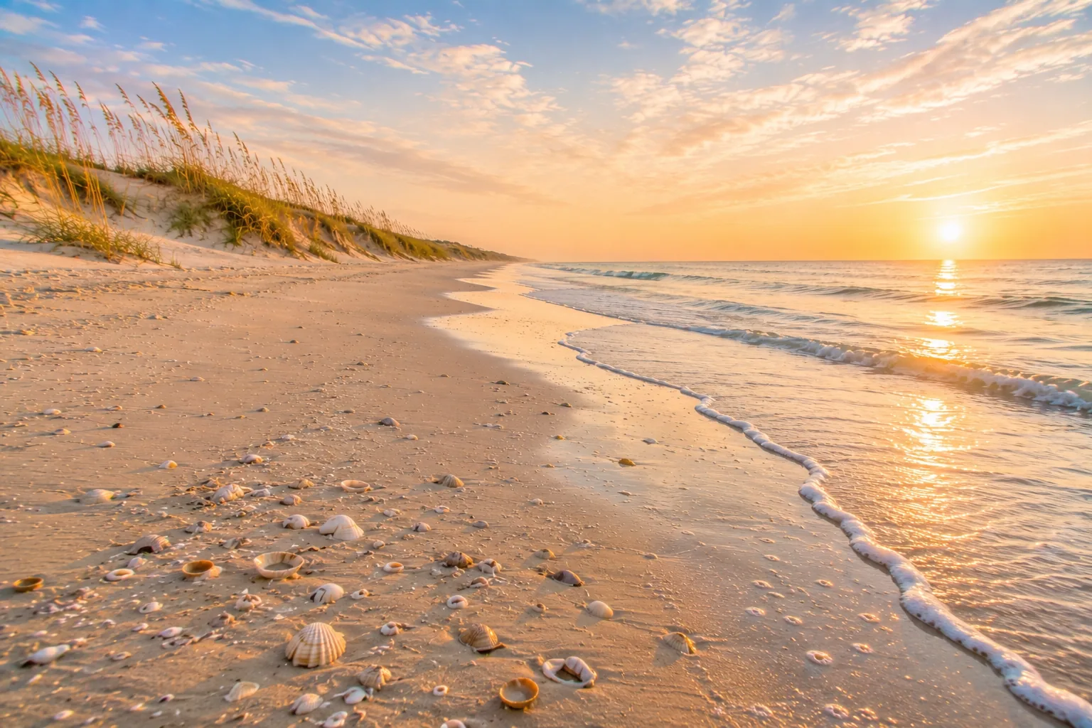 Topsail Island's long quiet Atlantic beach at warm afternoon light — gentle waves and low dunes with sea oats.