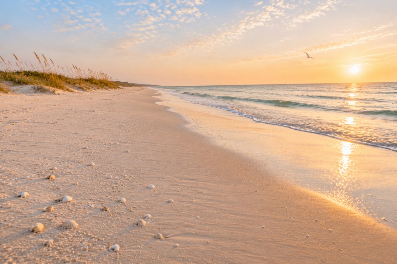 Topsail Island at sunset — a dune line of sea oats above a warm-lit Atlantic shore scattered with sand dollars and small shells at the swash zone.