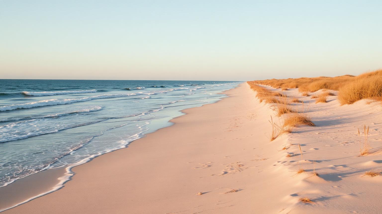 Topsail Island's long quiet Atlantic beach at warm afternoon light — gentle waves and low dunes with sea oats.