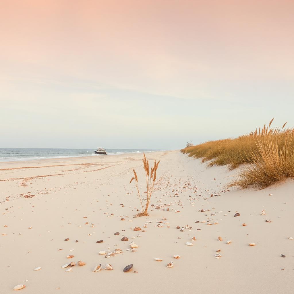 Remote wild Carolina barrier island beach scattered with shells and dune grass