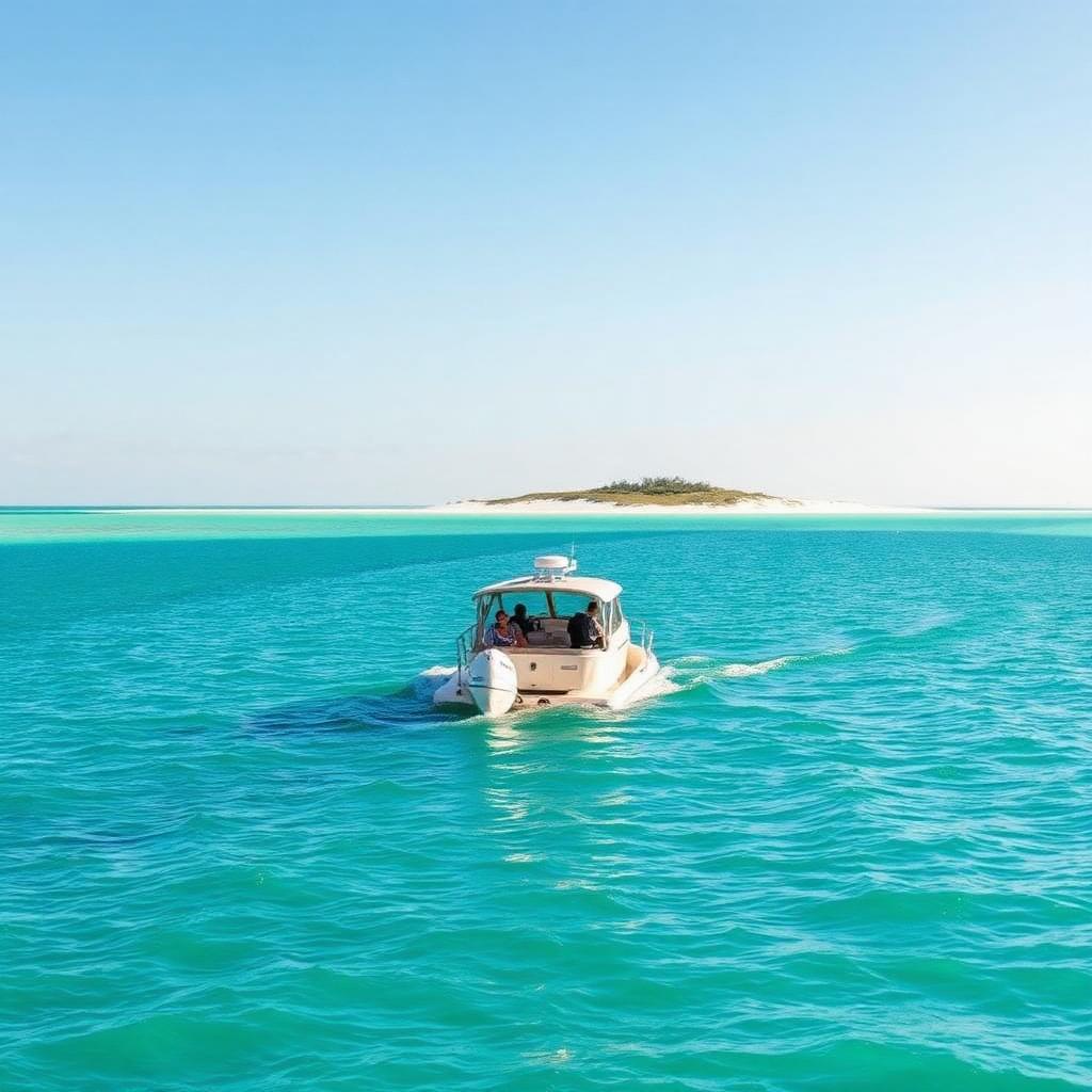 Small shelling cruise boat heading to a remote barrier island near Captiva, Florida