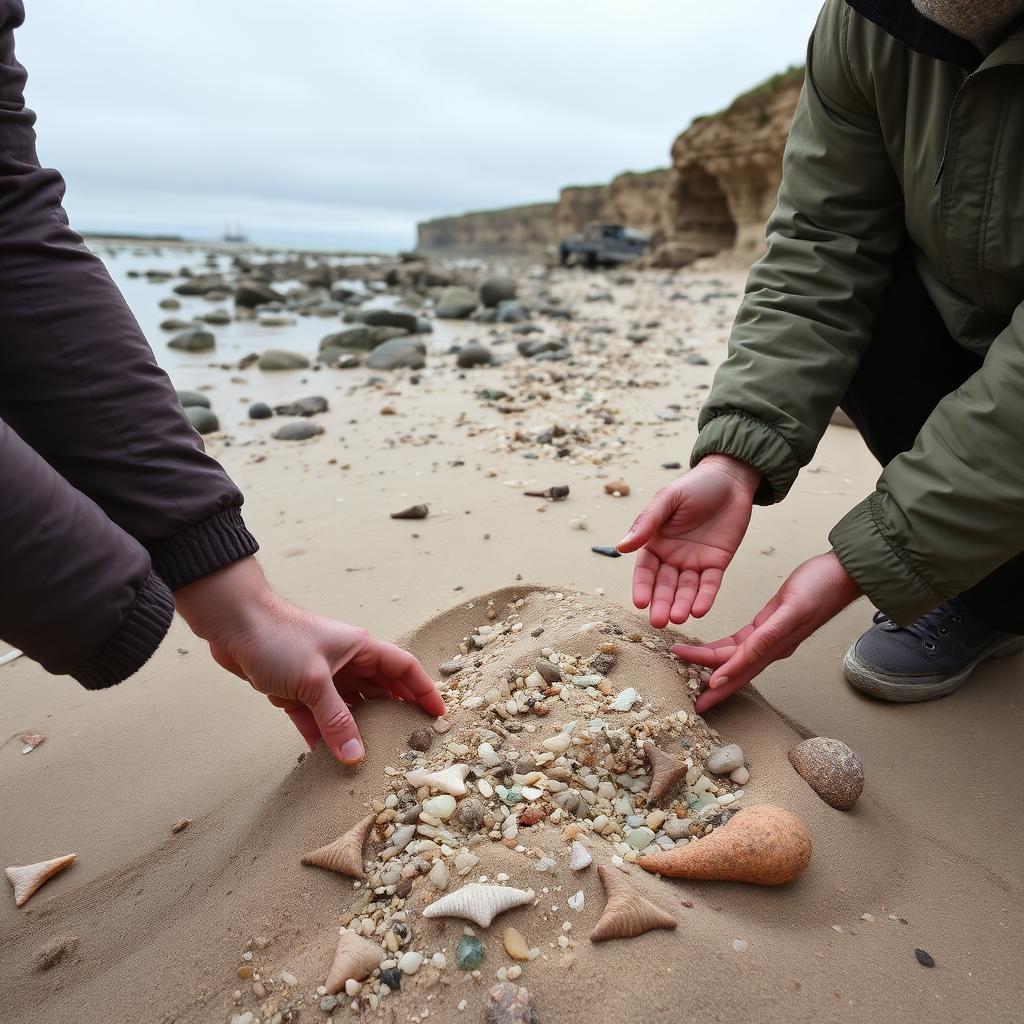 Guided fossil and sea glass walk along a bay shoreline with cliffs and breakwaters