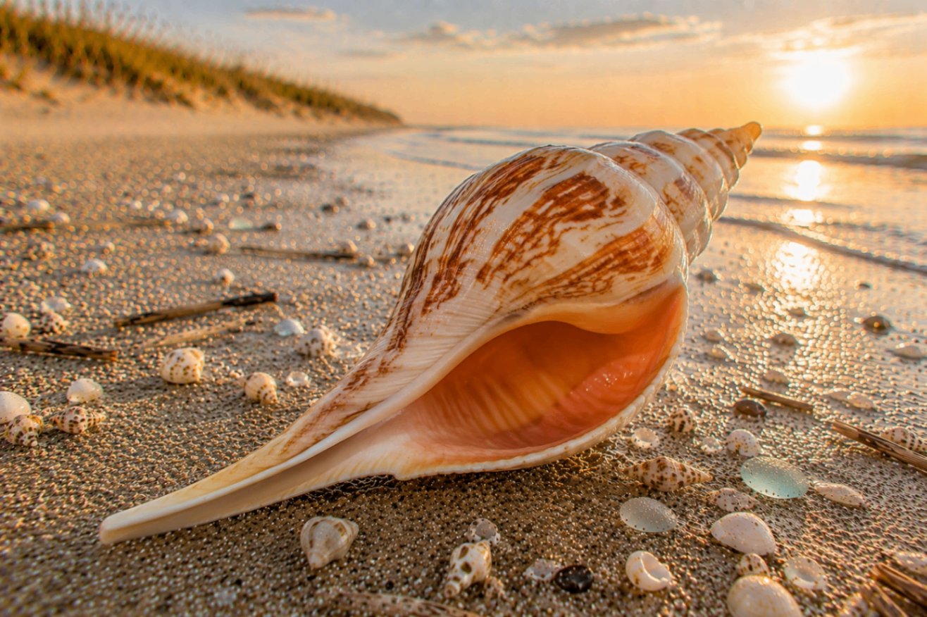 A true tulip shell — swirling brown and cream markings with a glowing peach aperture — resting on sand at sunset with dunes and tide beyond.